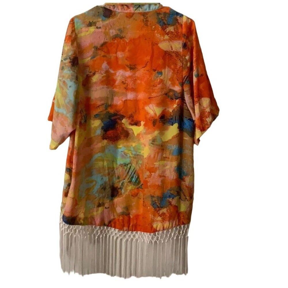 GIANNI BINI GB Fringe Tassel‎ Short Sleeve Colorful Cover Up Cardigan Sz M - Picture 3 of 7